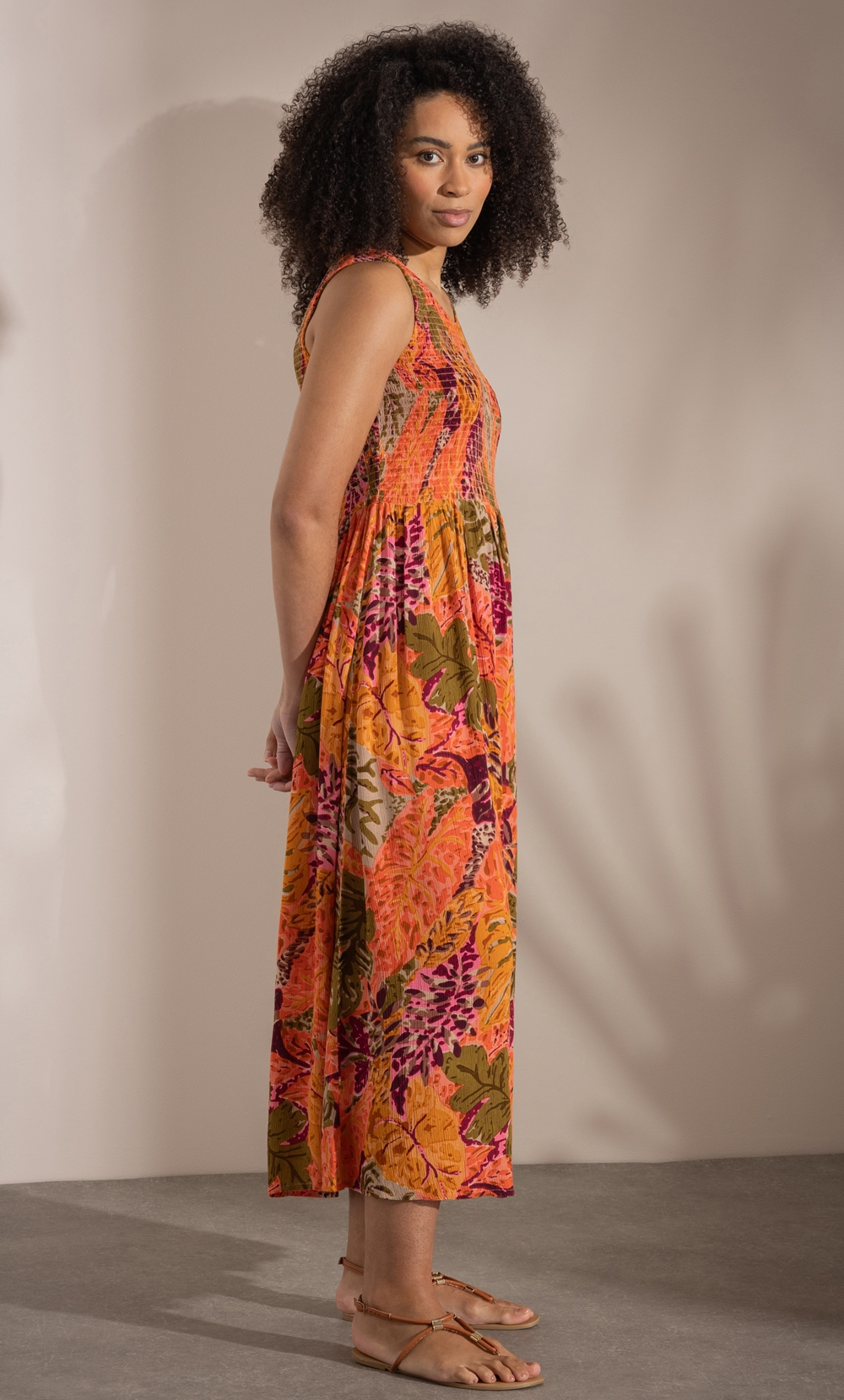 Leaf Print Smocked Maxi Dress in Orange | Klass