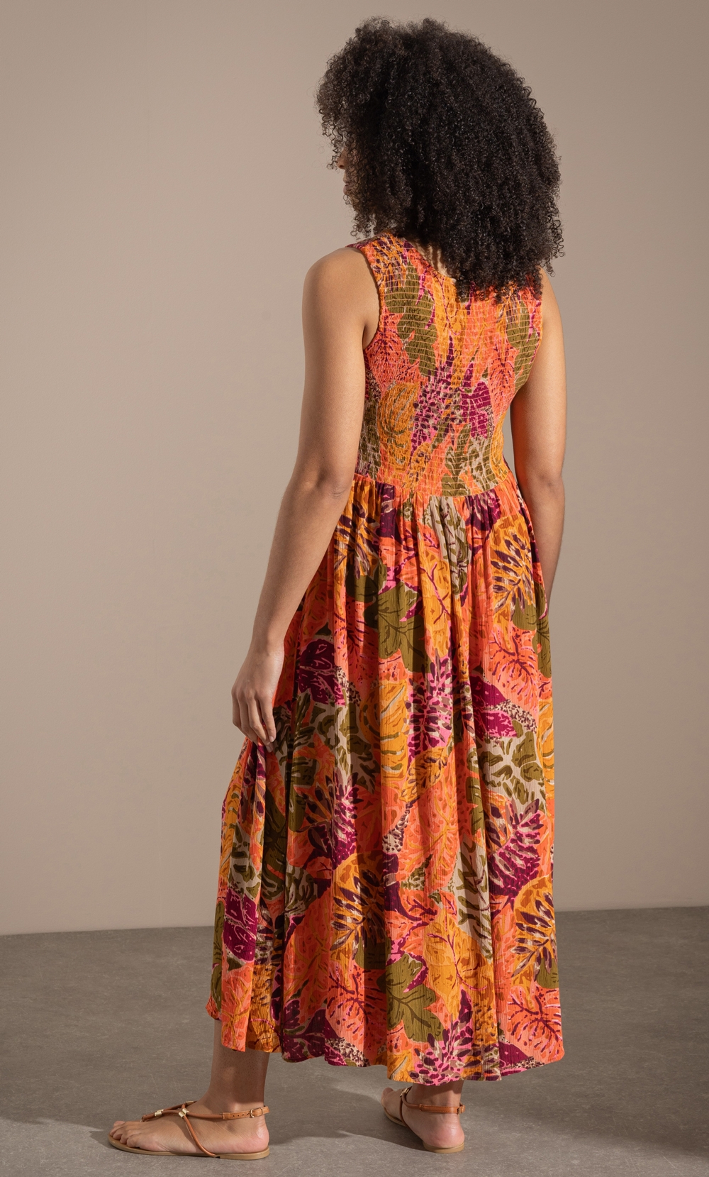 Leaf Print Smocked Maxi Dress