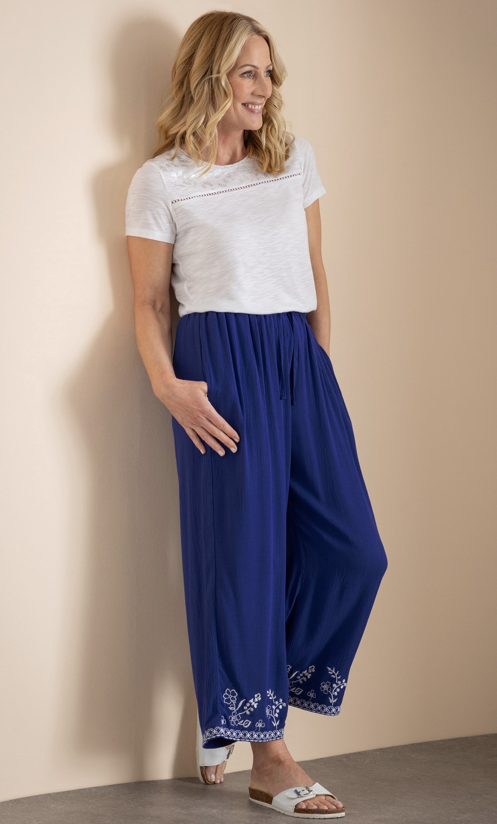 Anna Rose Embroidered Wide Leg Cropped Trousers