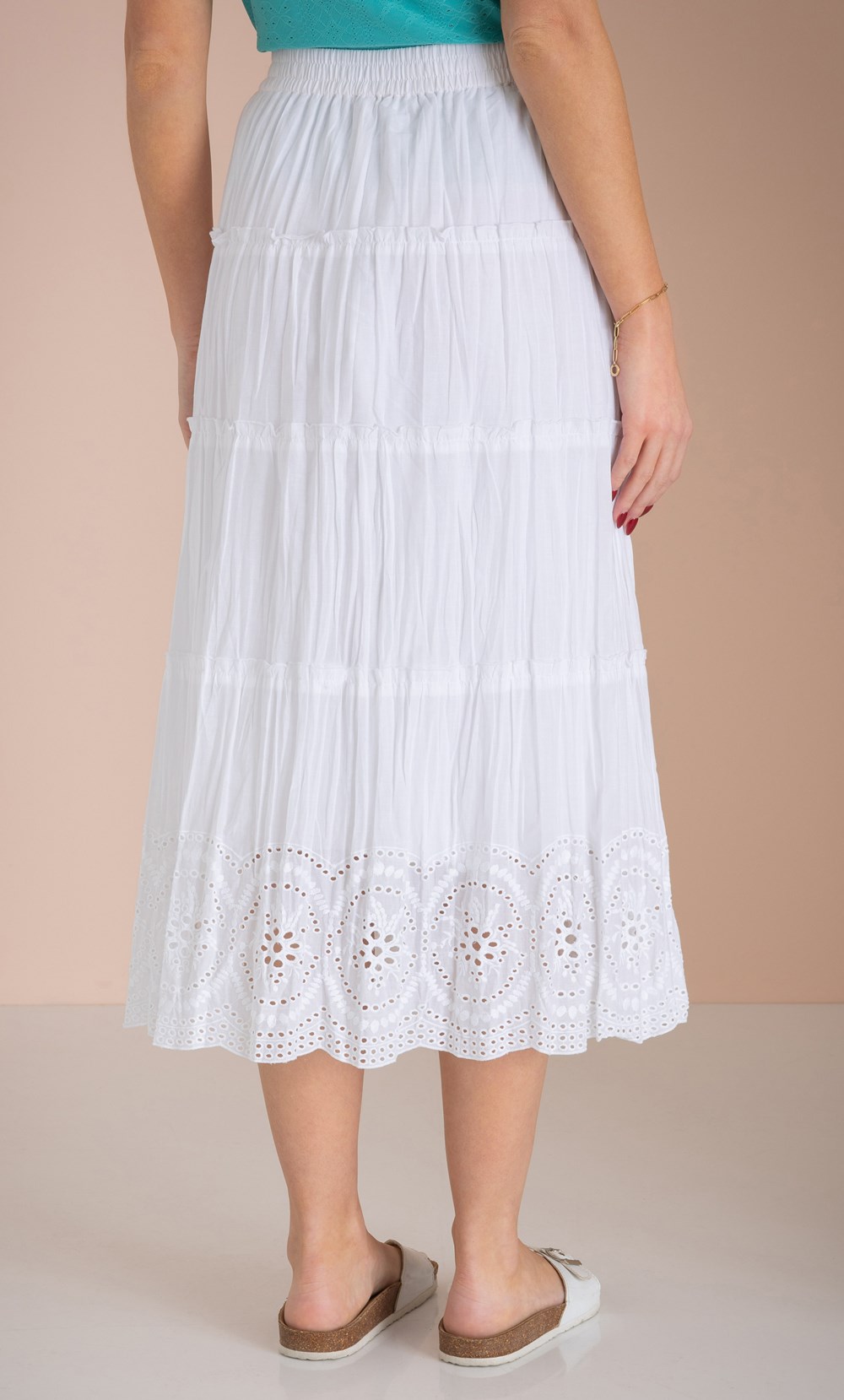 Embroidered Boho Cotton Midi Skirt in White Klass