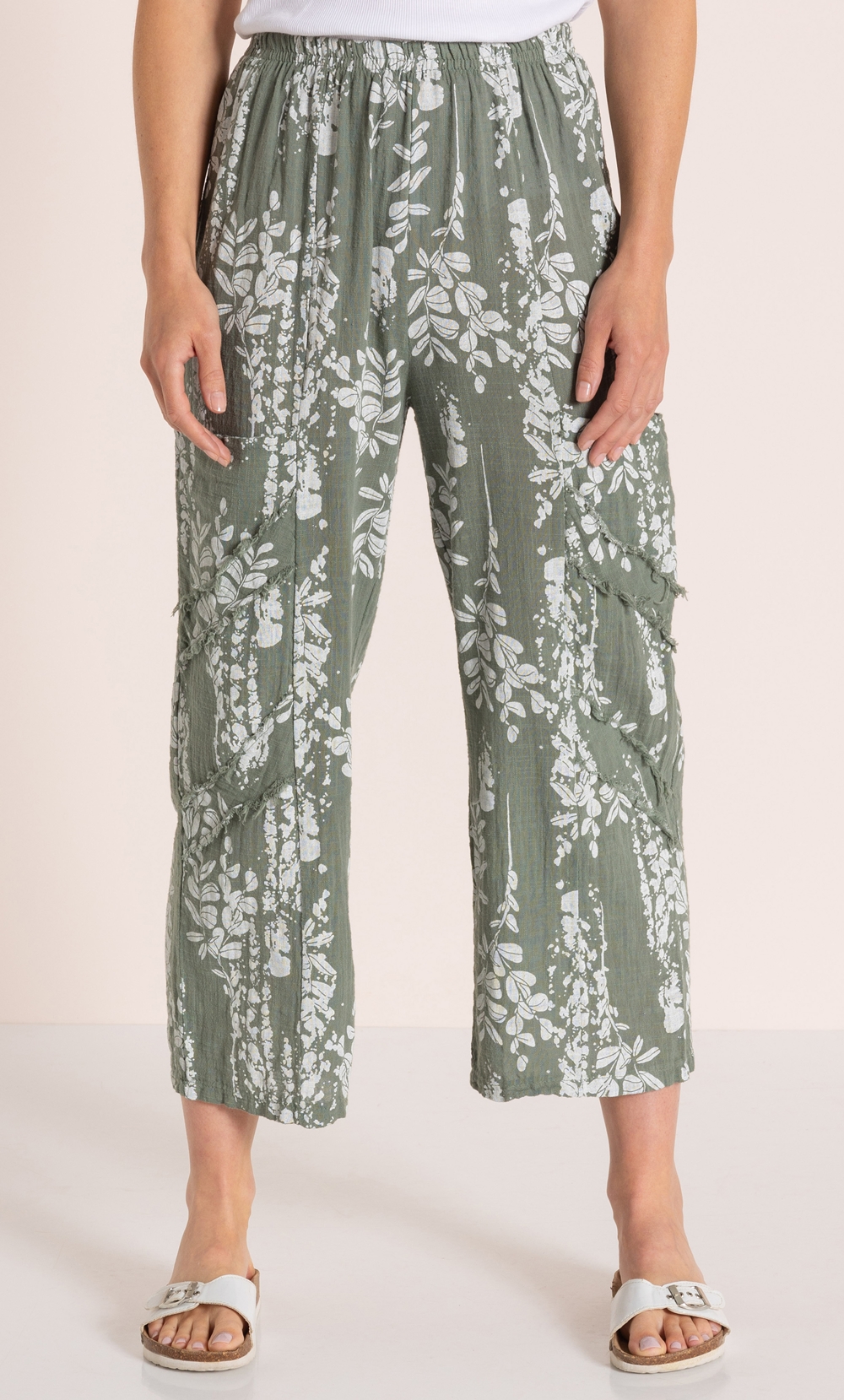 Printed Wide Leg Cropped Cotton Trousers