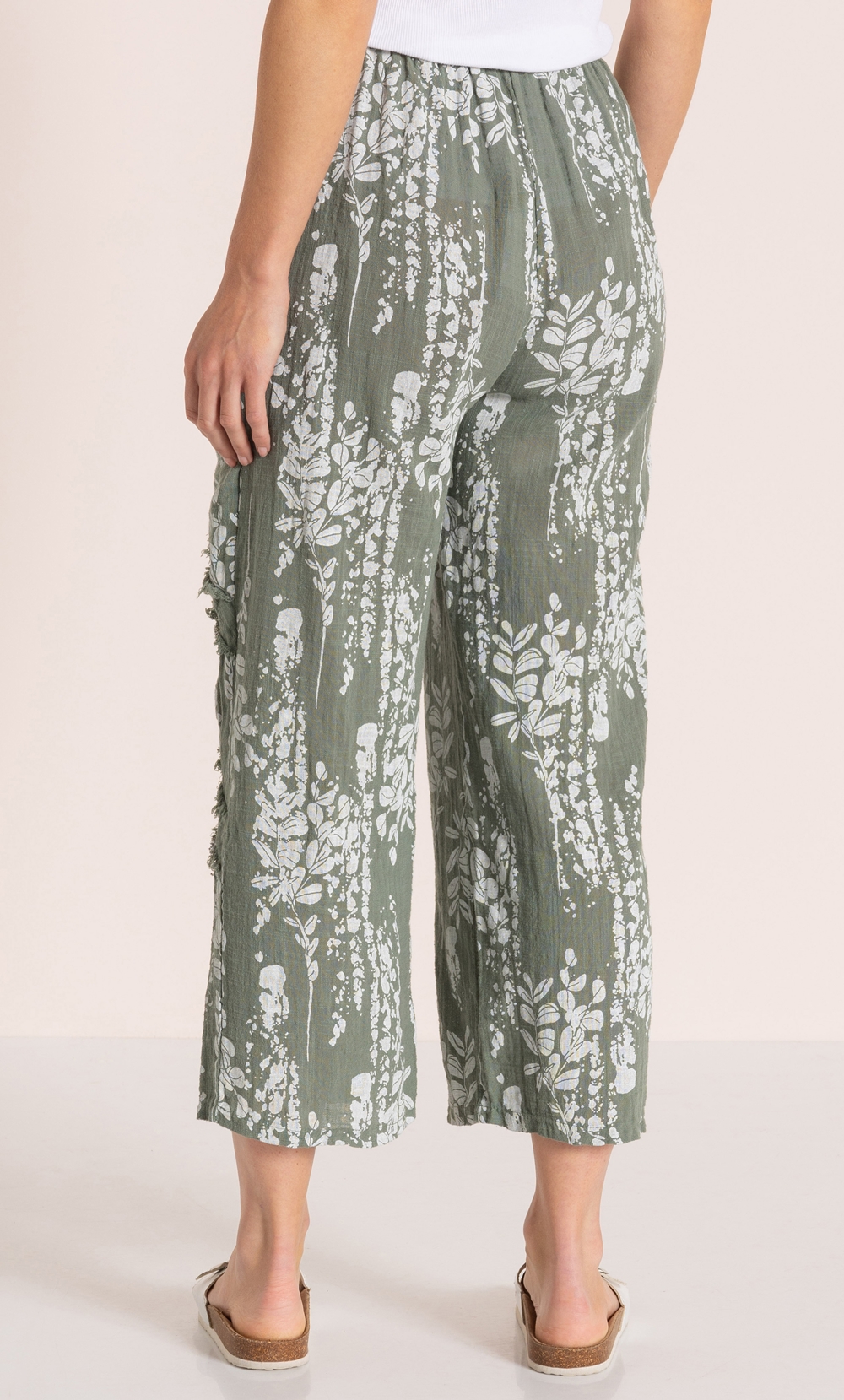 Printed Wide Leg Cropped Cotton Trousers
