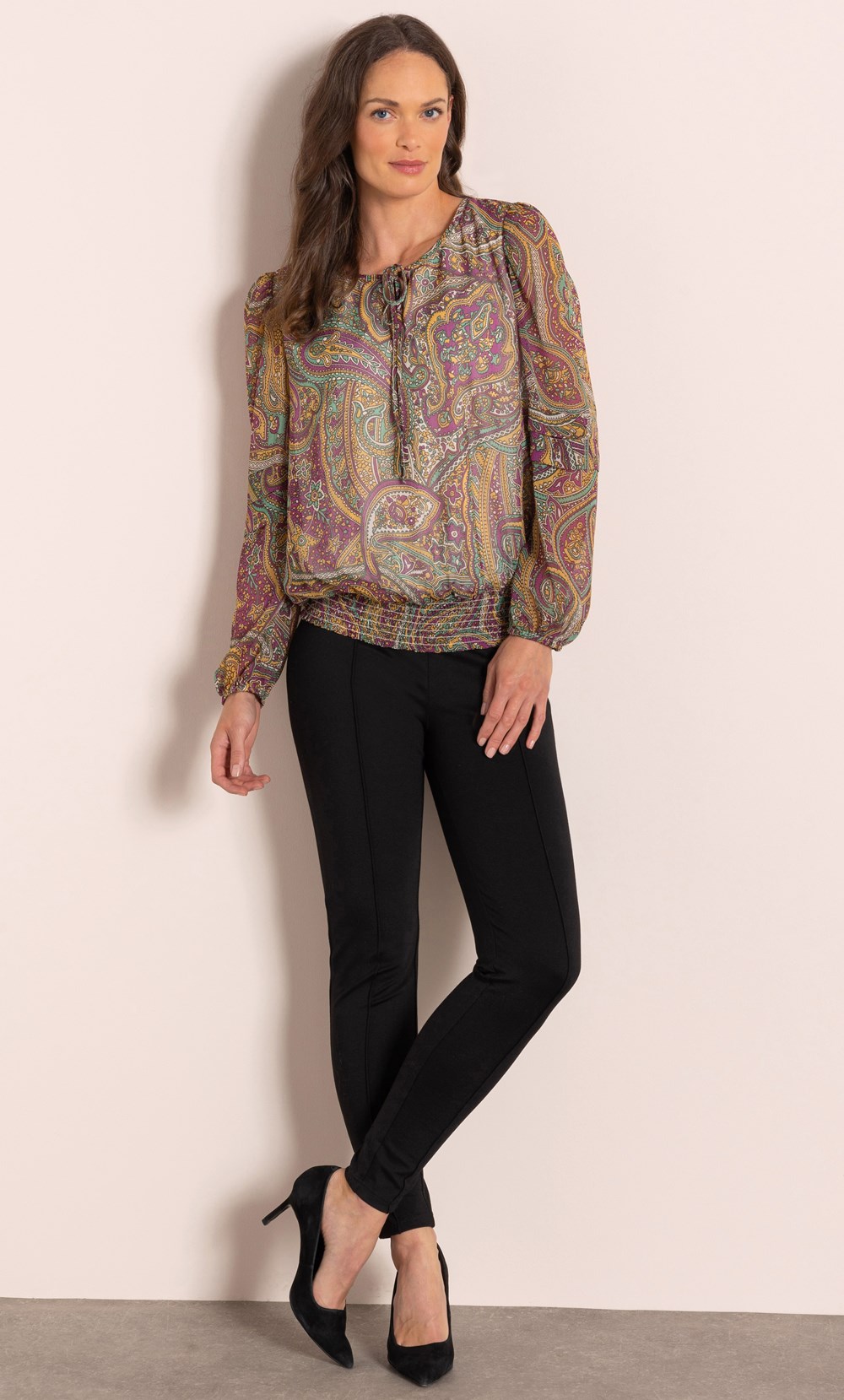 Smocked Hem Paisley Print Top