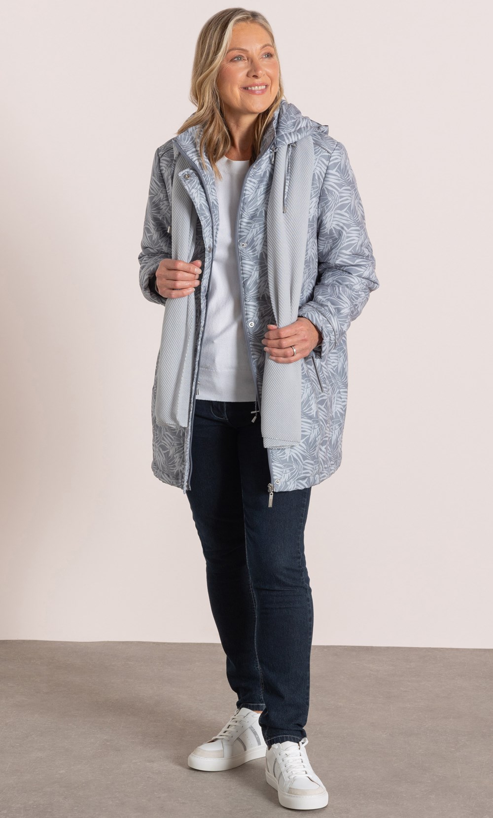 Anna Rose Leaf Printed Coat With Scarf