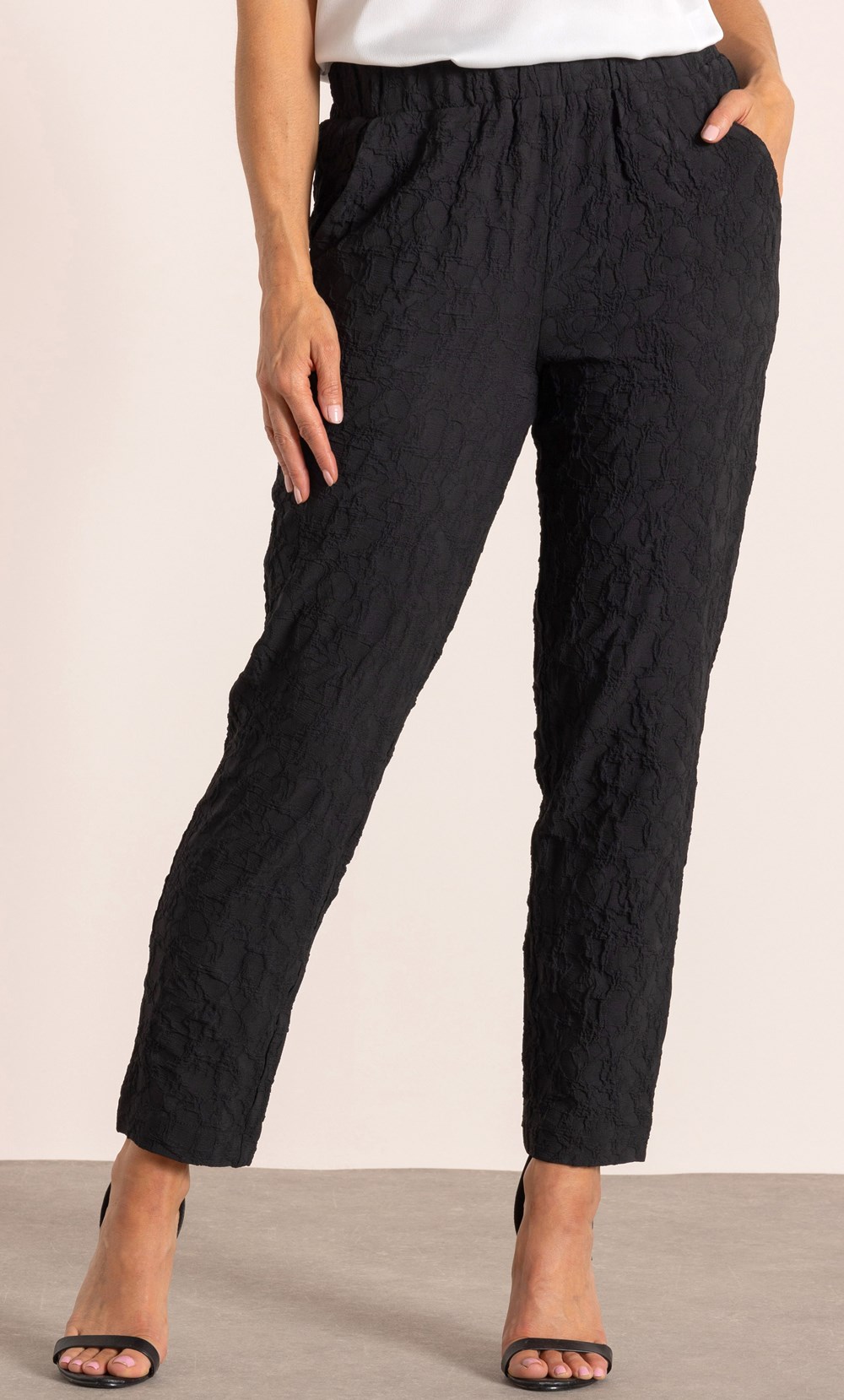 Textured Pull On Slim Leg Trousers