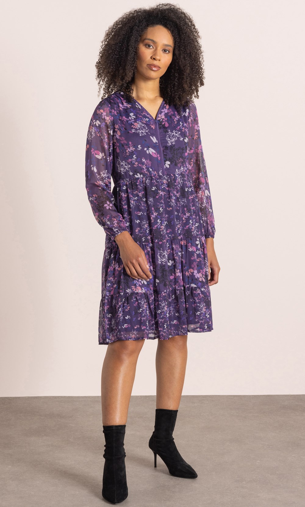 Floral Print Tiered Tunic Dress in Purple Klass