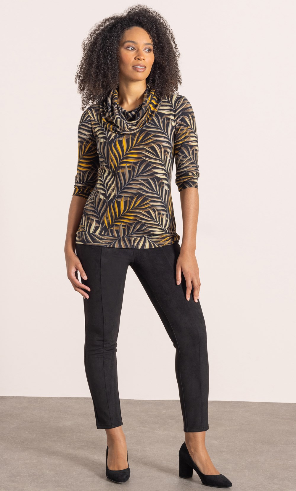 Leaf Print Cowl Neck Knit Top