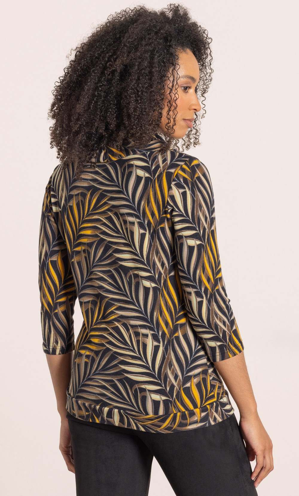 Leaf Print Cowl Neck Knit Top