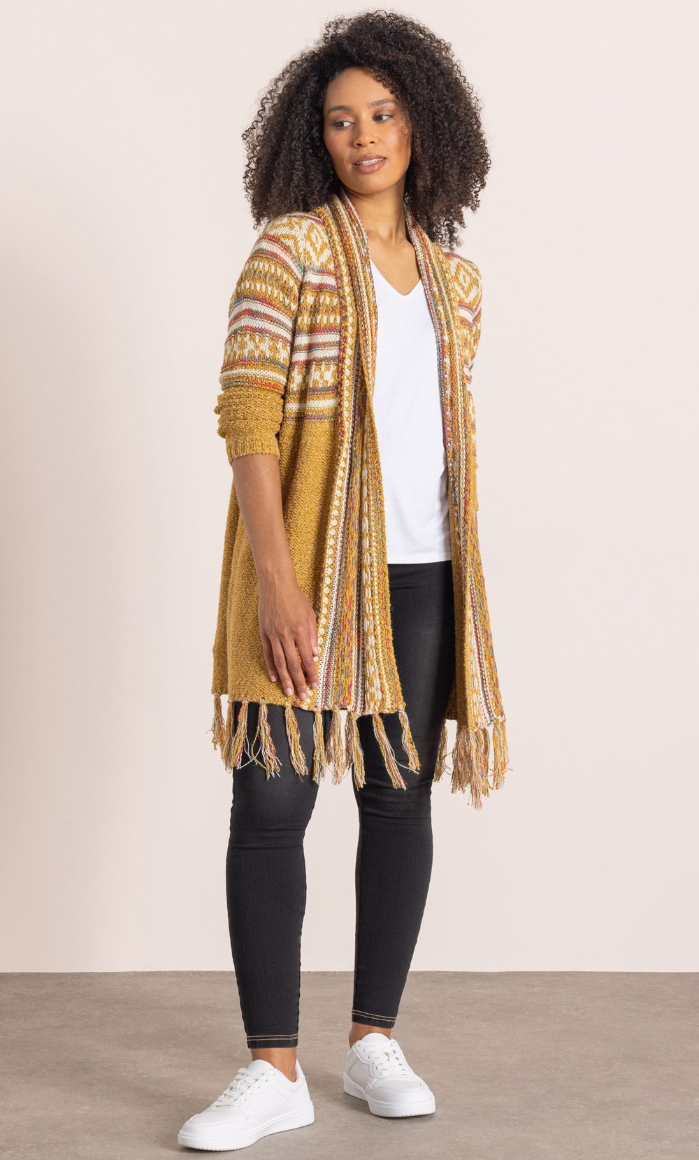 Nordic Print Open Front Tassel Cardigan