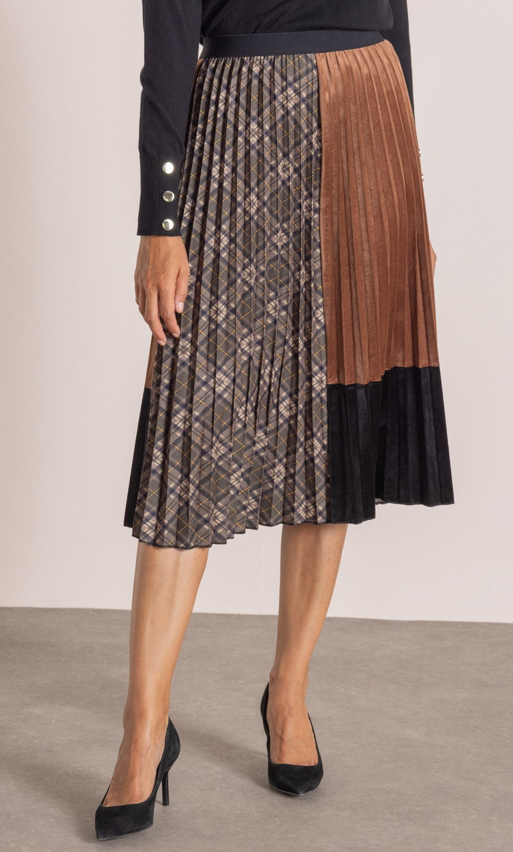 Pleated Patchwork Midi Skirt