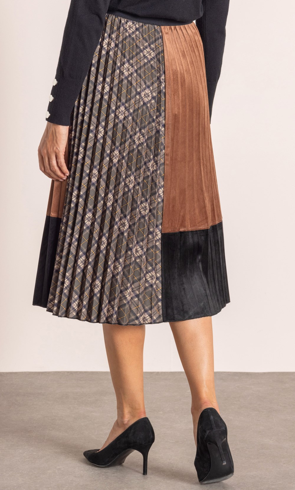 Pleated Patchwork Midi Skirt