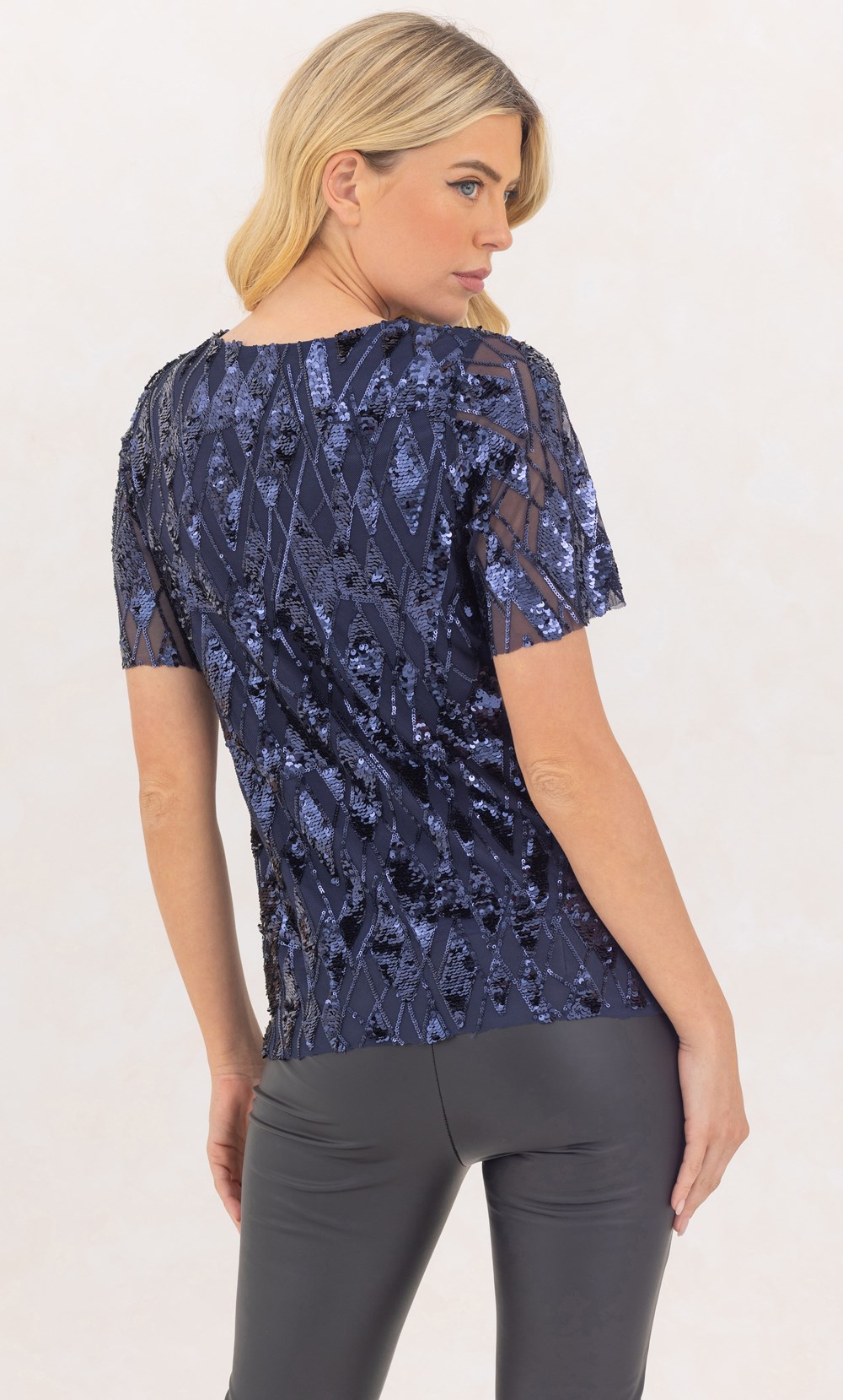 Sequin Patterned Mesh V Neck Top