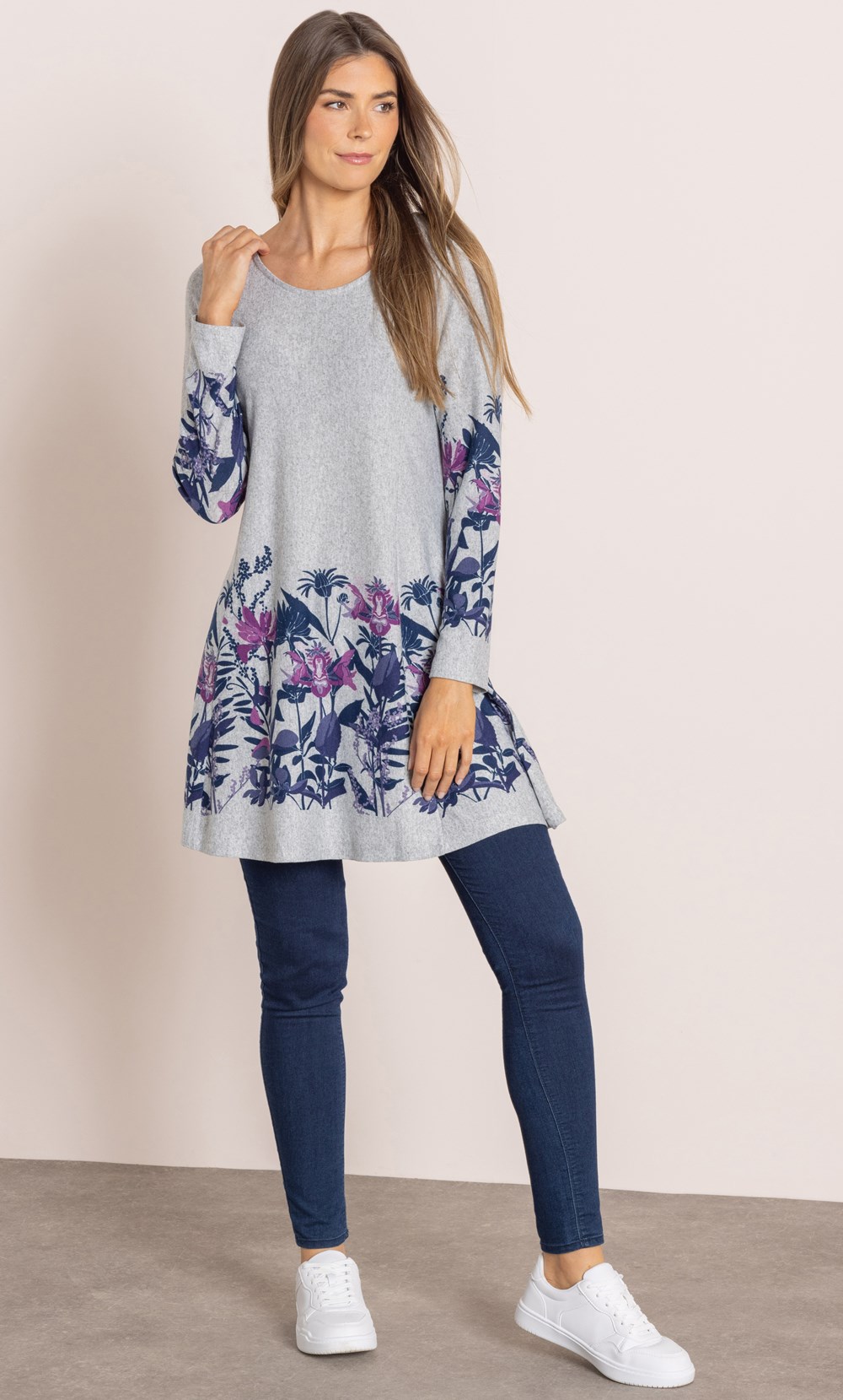 Garden Border Print Brushed Knit Tunic Top