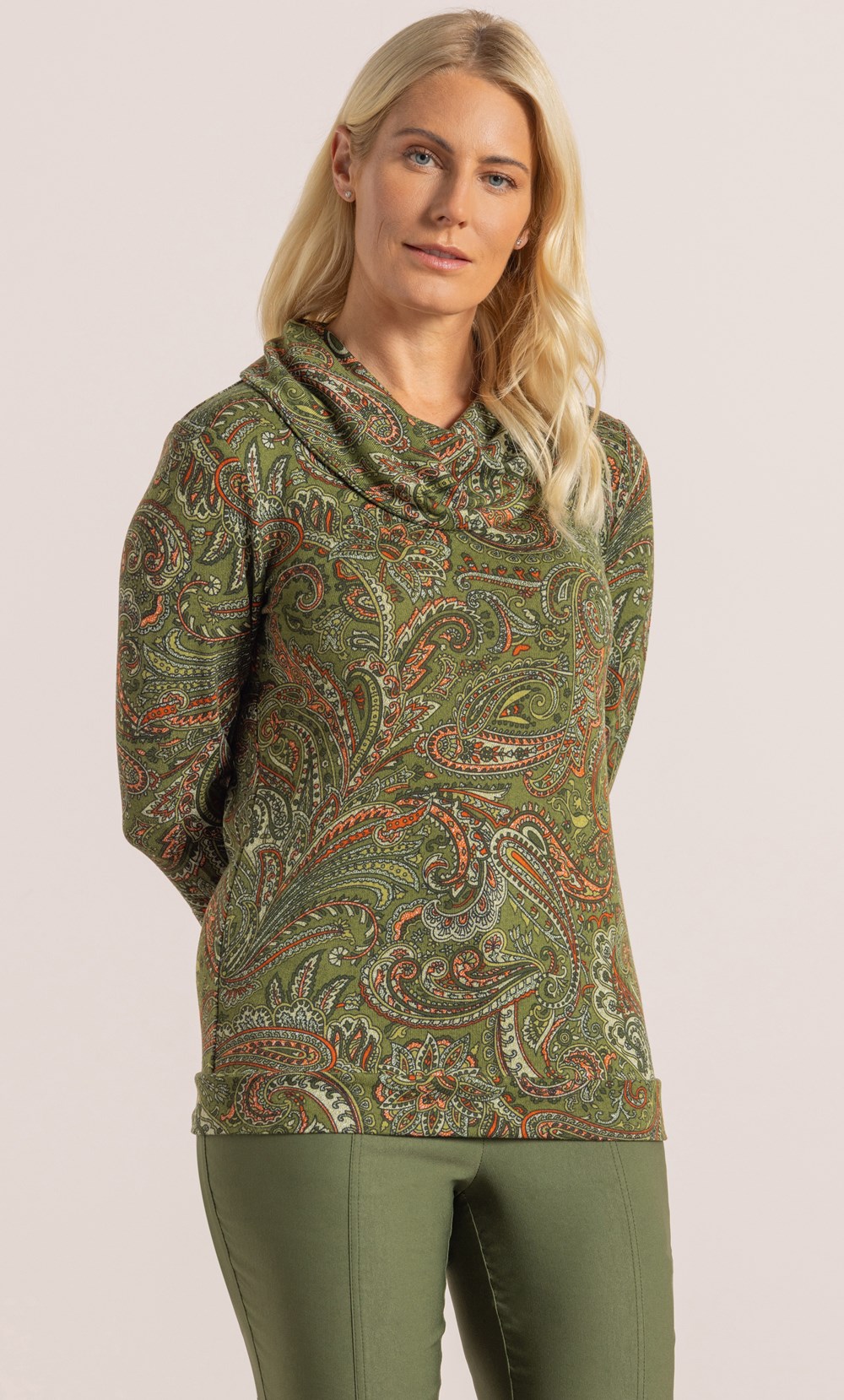 Paisley Print Cowl Neck Knit Top