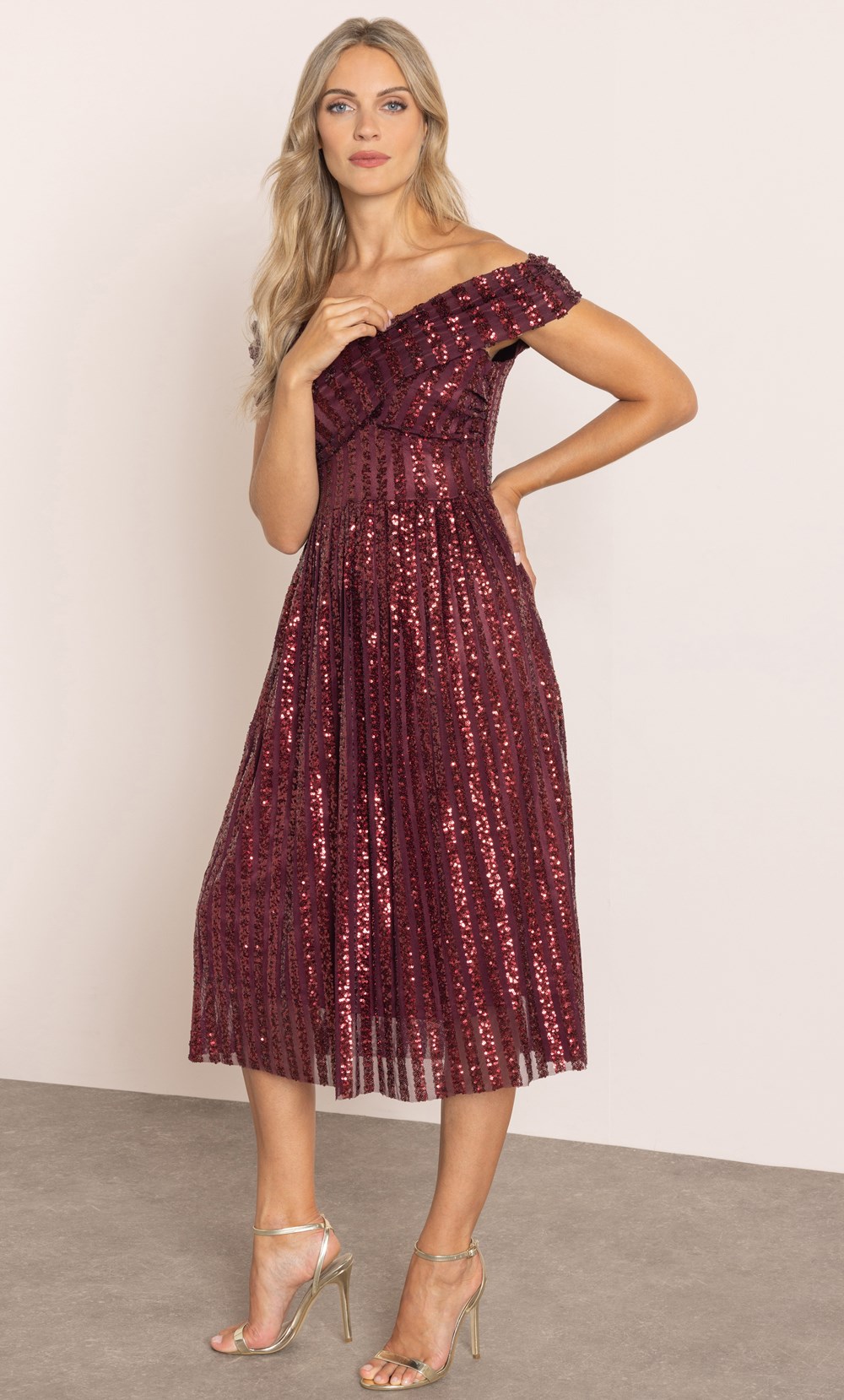 Sequin Striped Mesh Bardot Dress