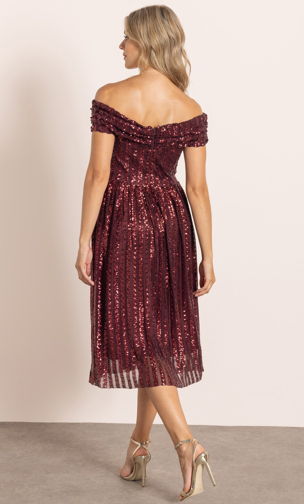 Sequin Striped Mesh Bardot Dress