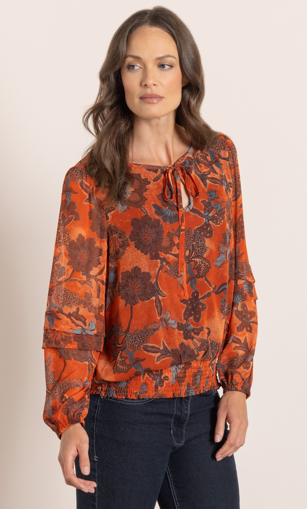 Botanical Printed Chiffon Smocked Top