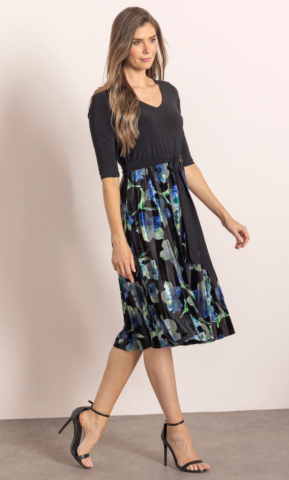 Printed Velour Stripe And Plain Dress