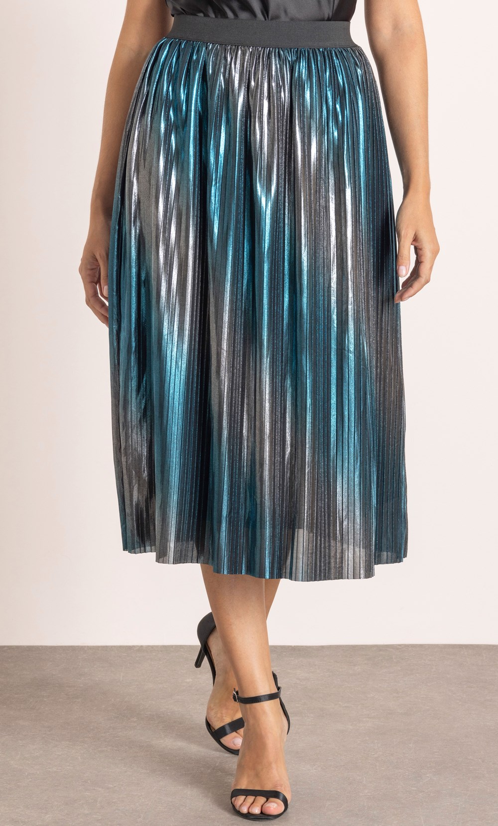 Metallic Pleat Midi Skirt