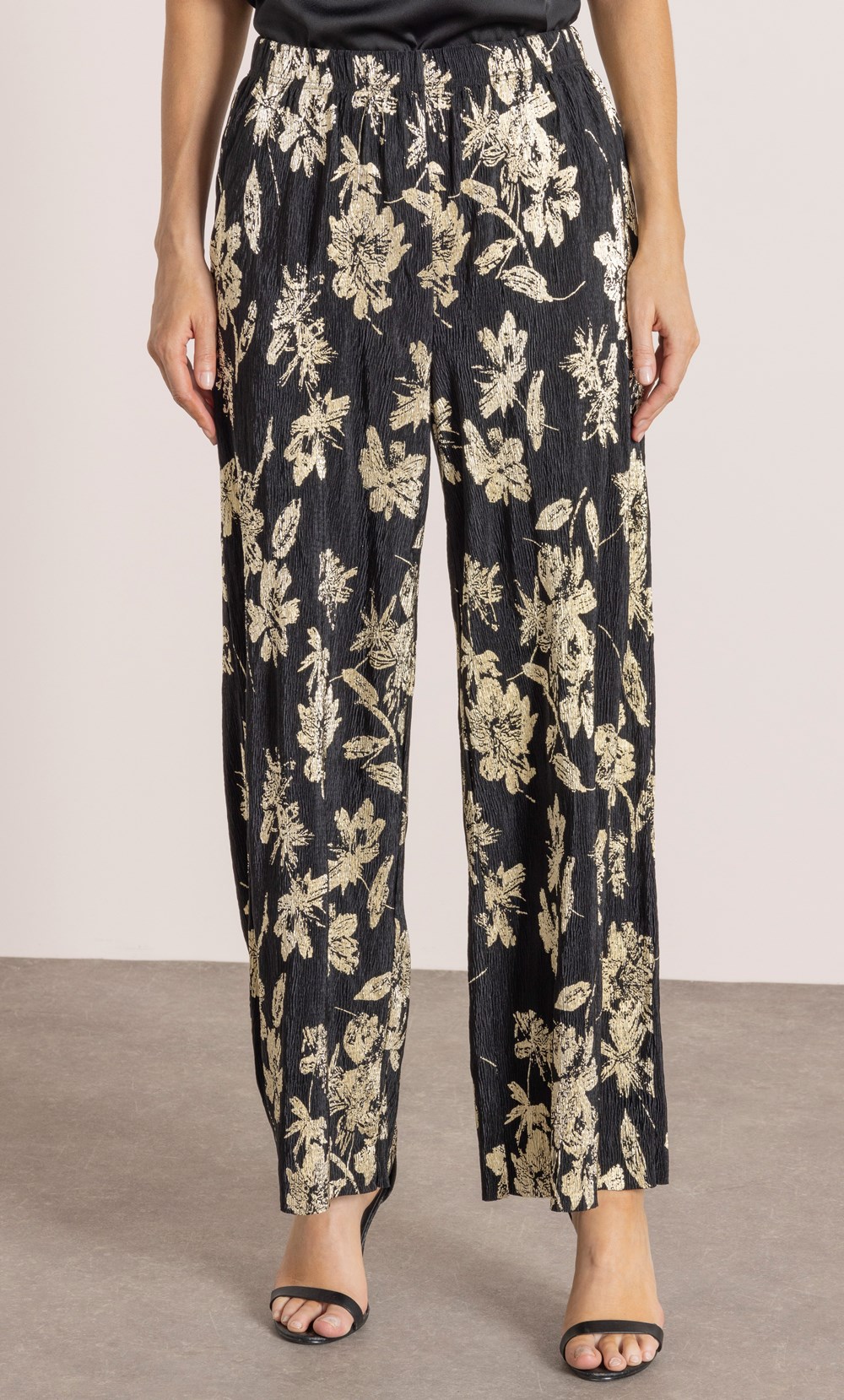 Floral Shimmer Print Plisse Wide Leg Trousers