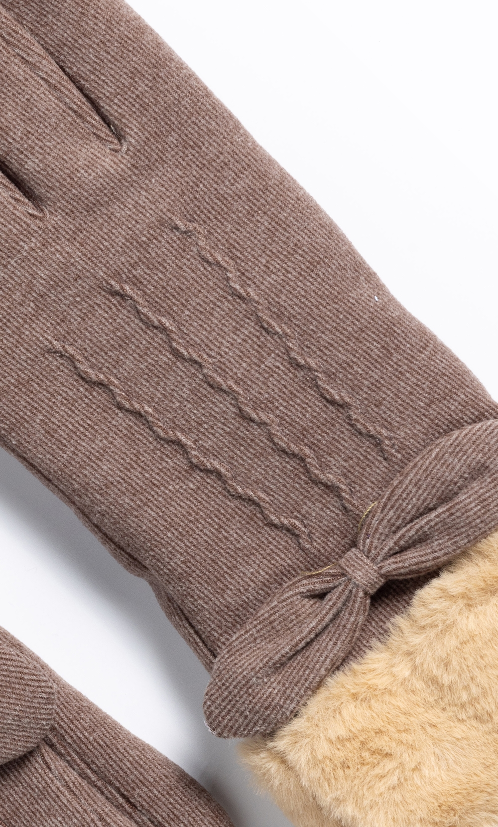 Faux Fur Cuff And Bow Trimmed Touchscreen Gloves