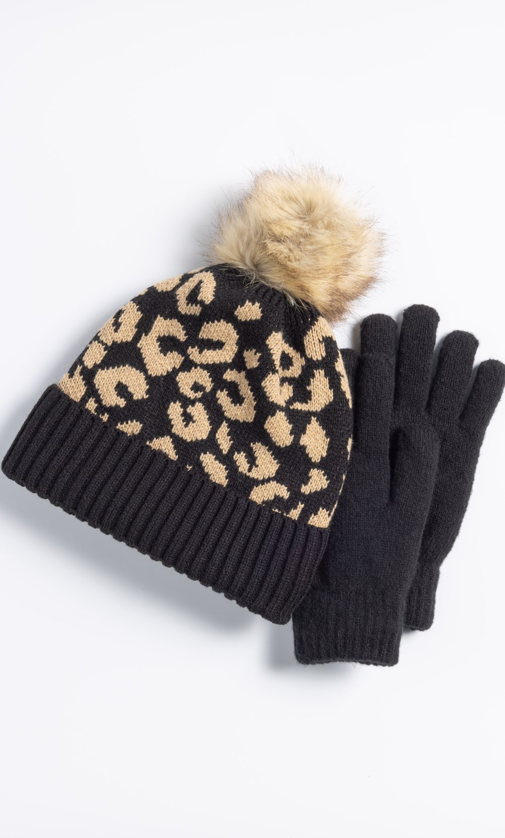 Animal Printed Pom Pom Bobble Hat And Glove Set