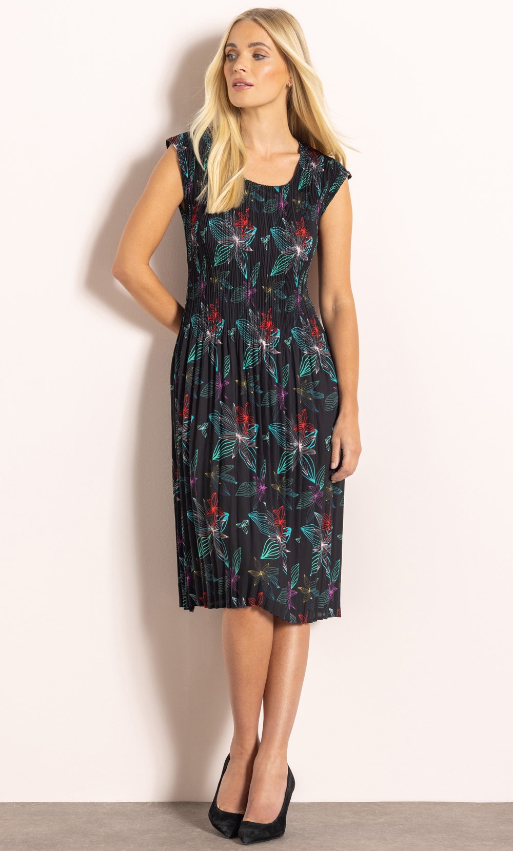 Botanical Print Pleated Dress