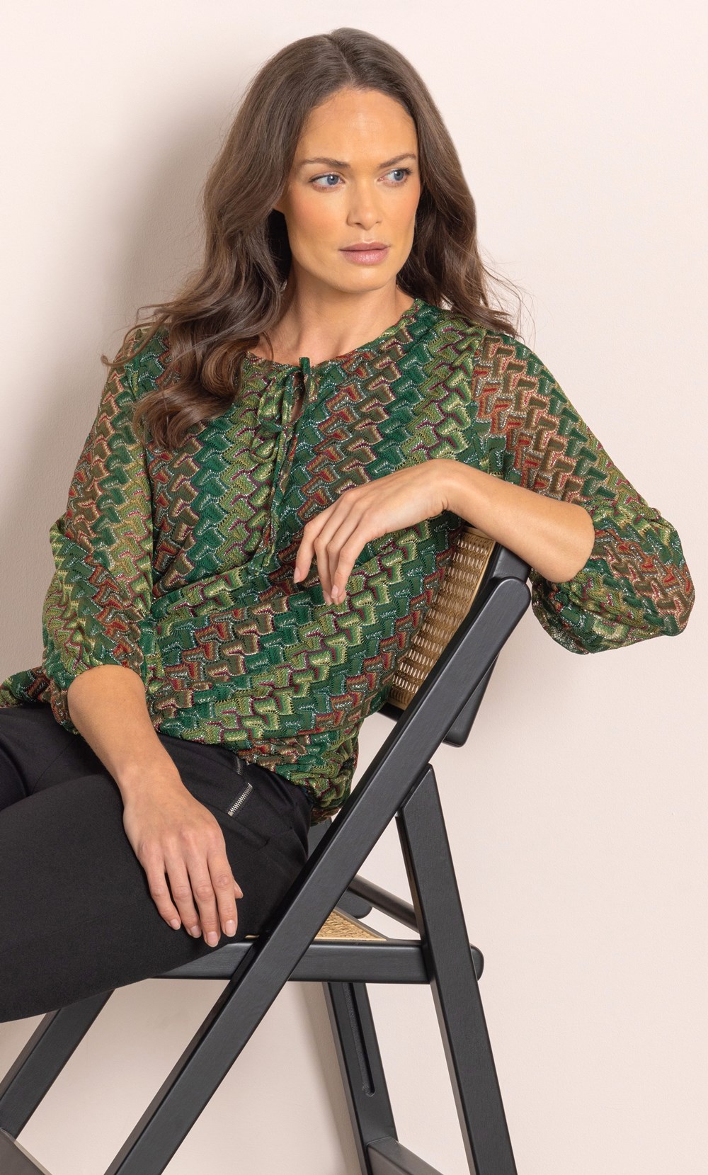 Patterned Shimmer Tie Neck Top