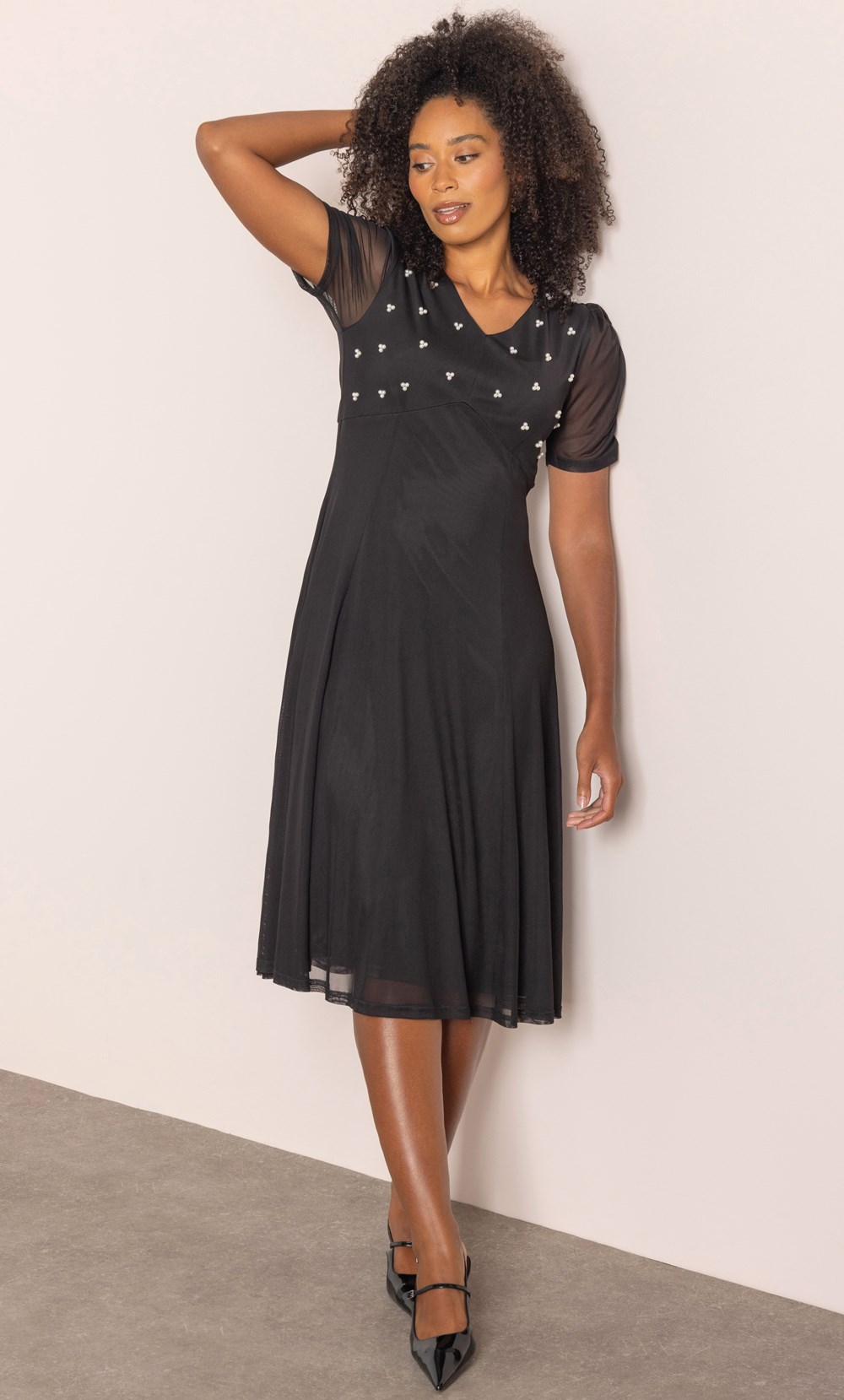 Faux Pearl Embellished Mesh Dress