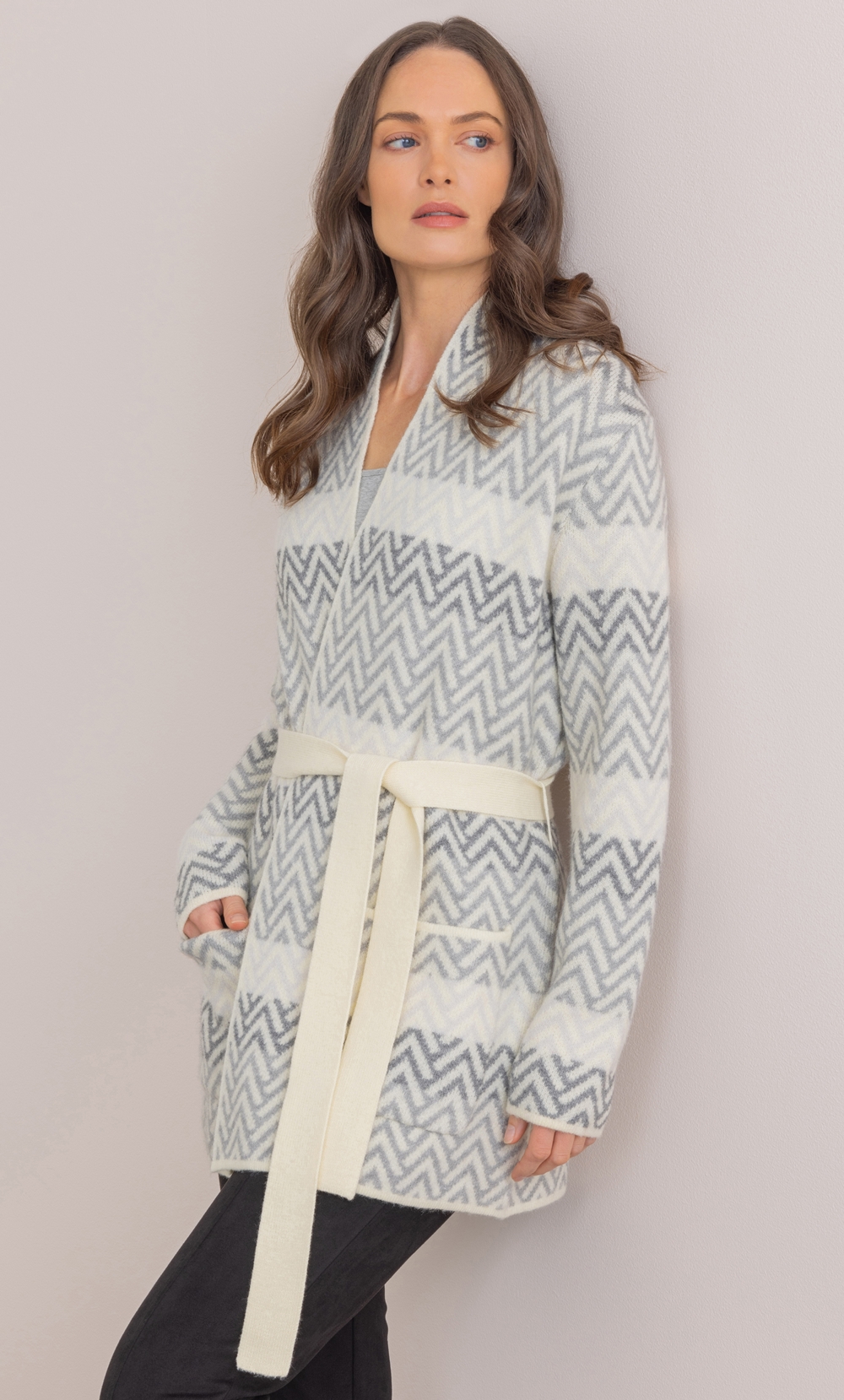 Chevron Knit Belted Cardigan