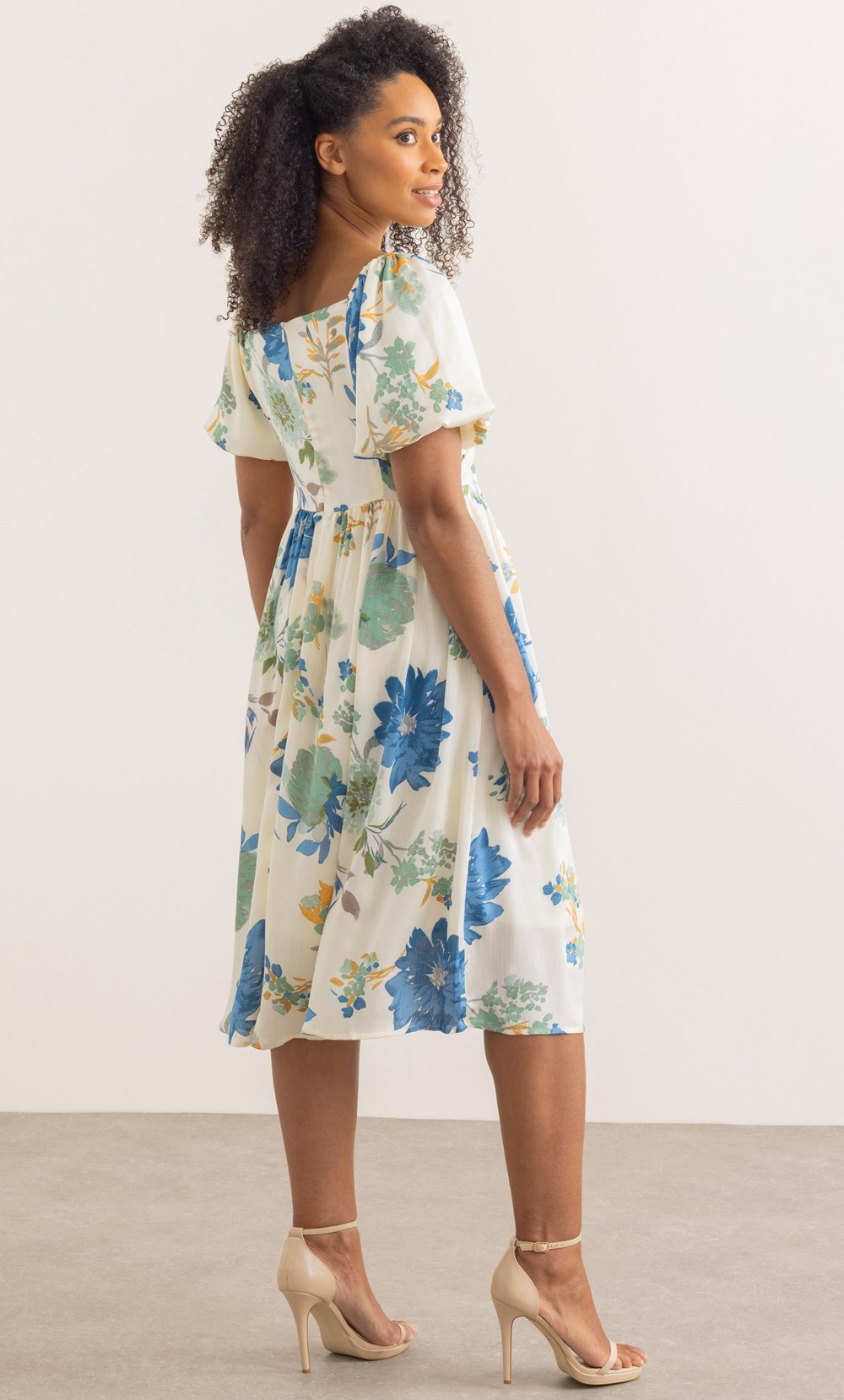 Floral Print Puff Sleeve Midi Dress