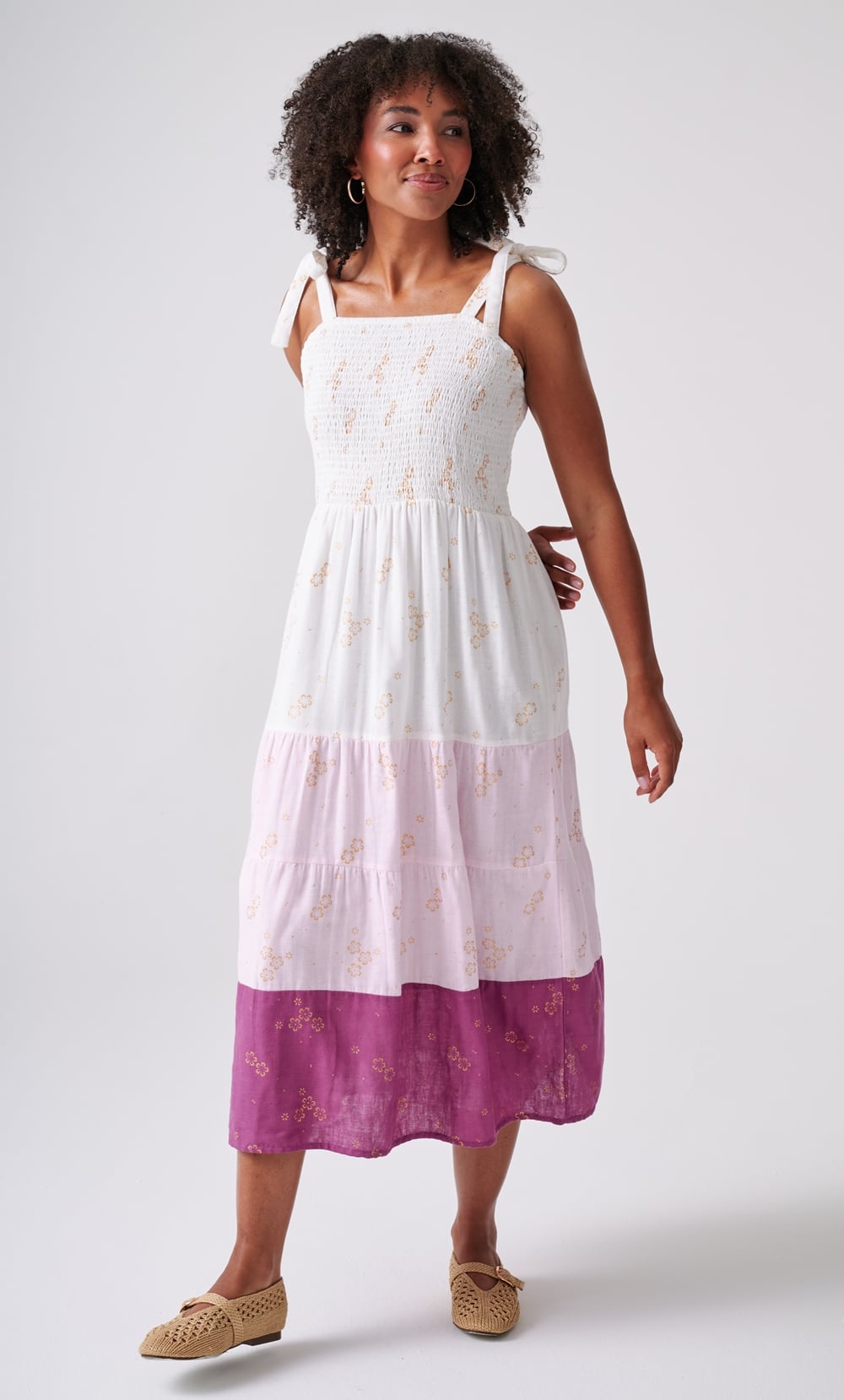 Floral Shimmer Print Smocked Cotton Maxi Dress