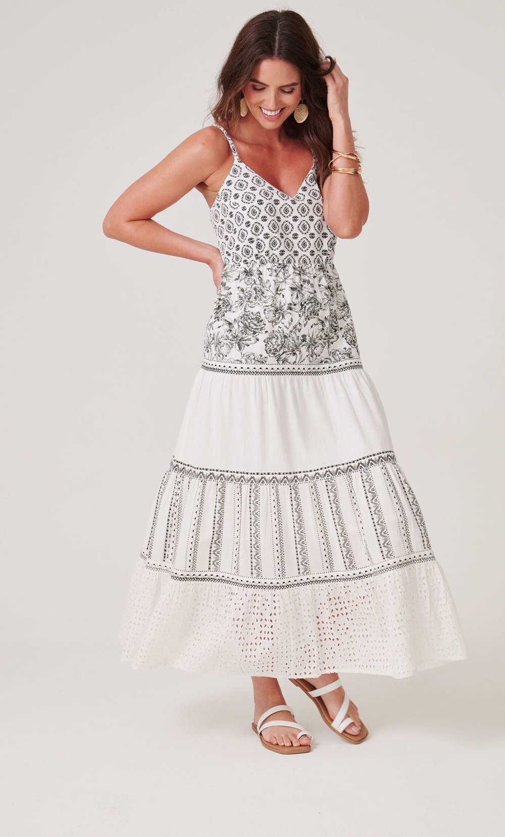 Cotton Blend Panelled Printed Strappy Maxi Dress