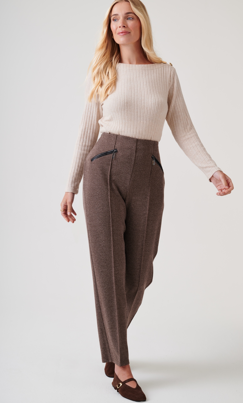 Chevron Patterned Slim Leg Trousers