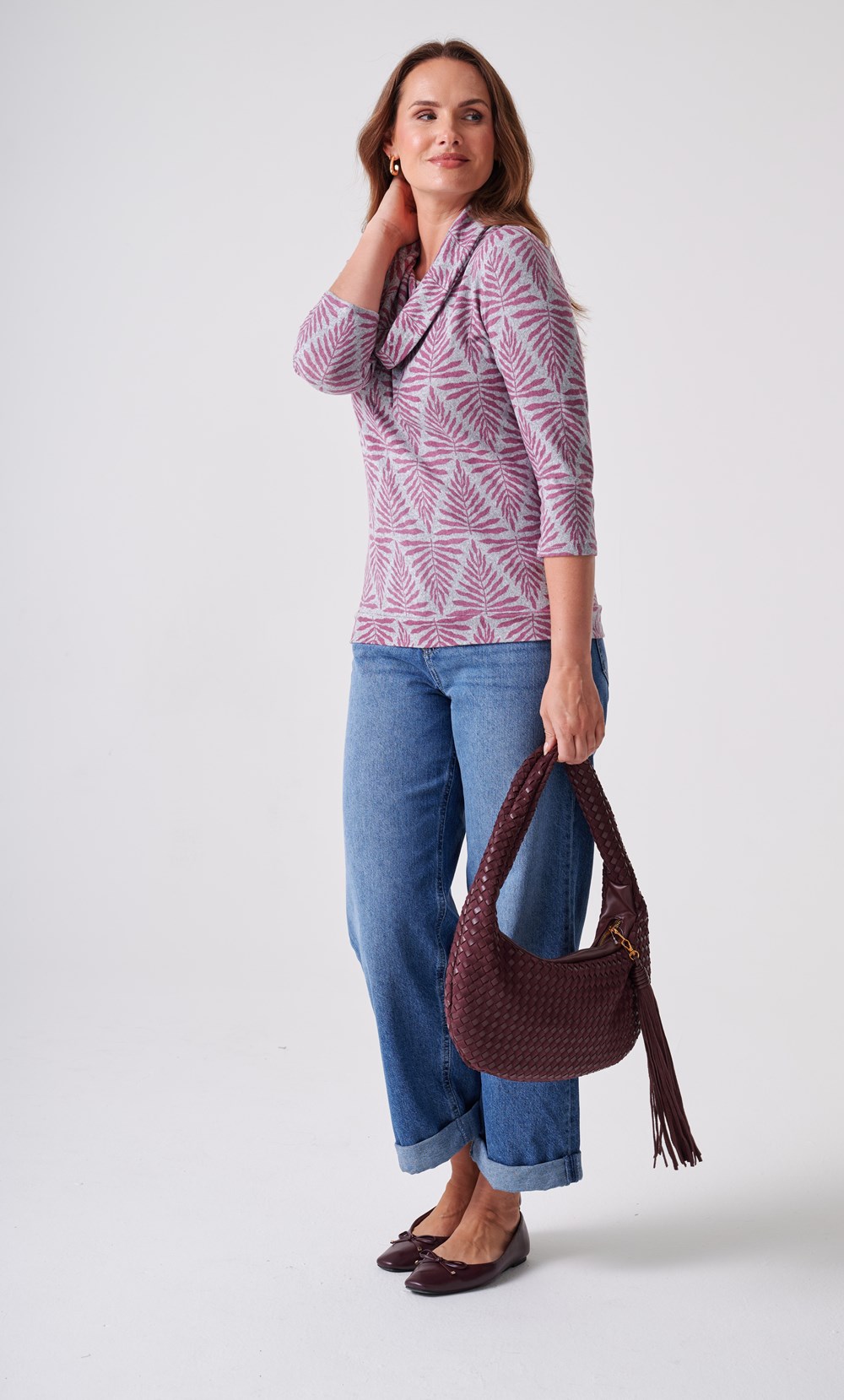 Anna Rose Botanical Leaf Print Cowl Neck Jumper