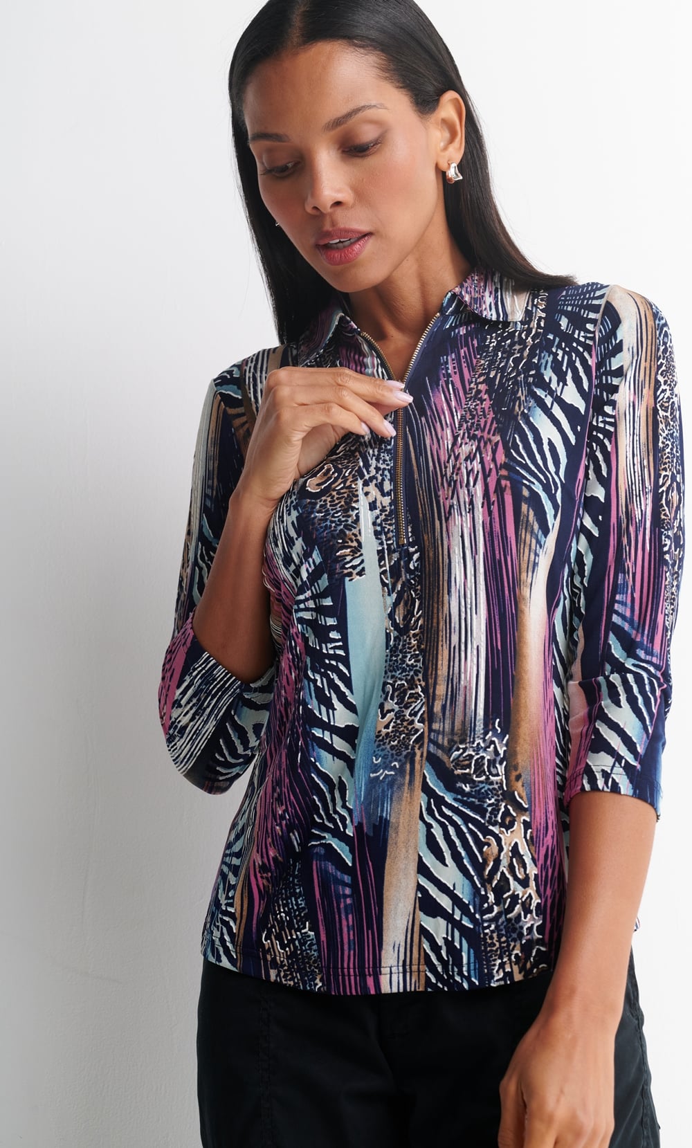 Anna Rose Textured Print Zip Detail Polo Top