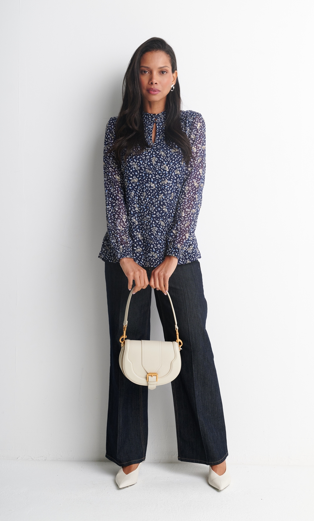 Anna Rose Gold Foil Feather Printed Blouse