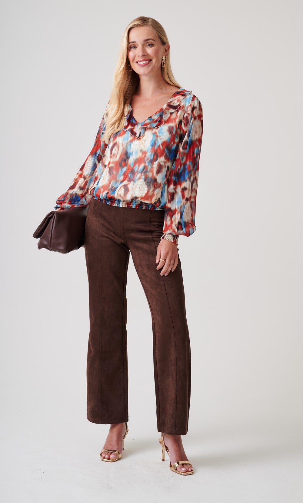 Abstract Print Shirred Hem Blouse